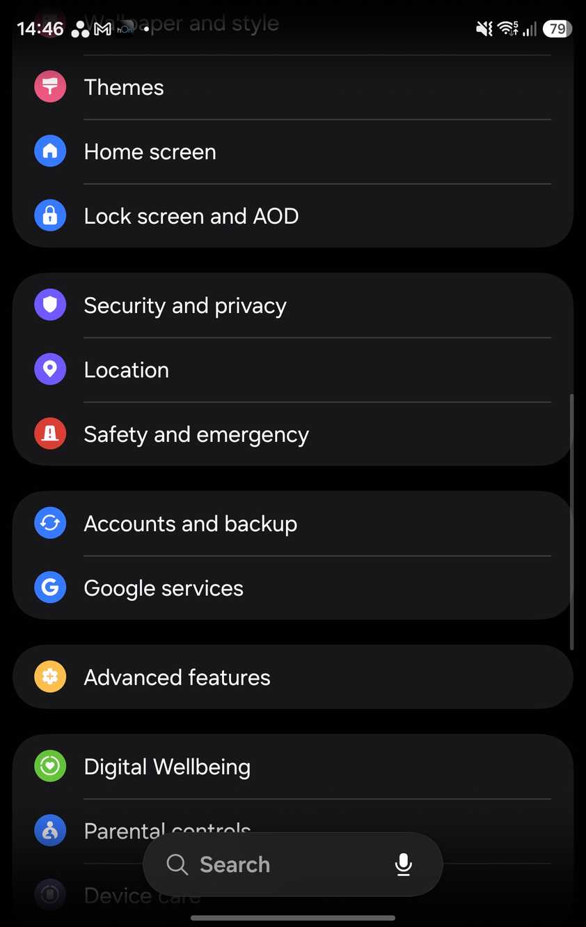 The Settings menu on a Z Fold 8.
