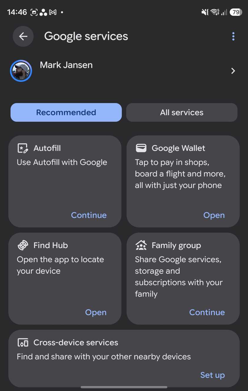 The Google Services menu on a Z Fold 8.