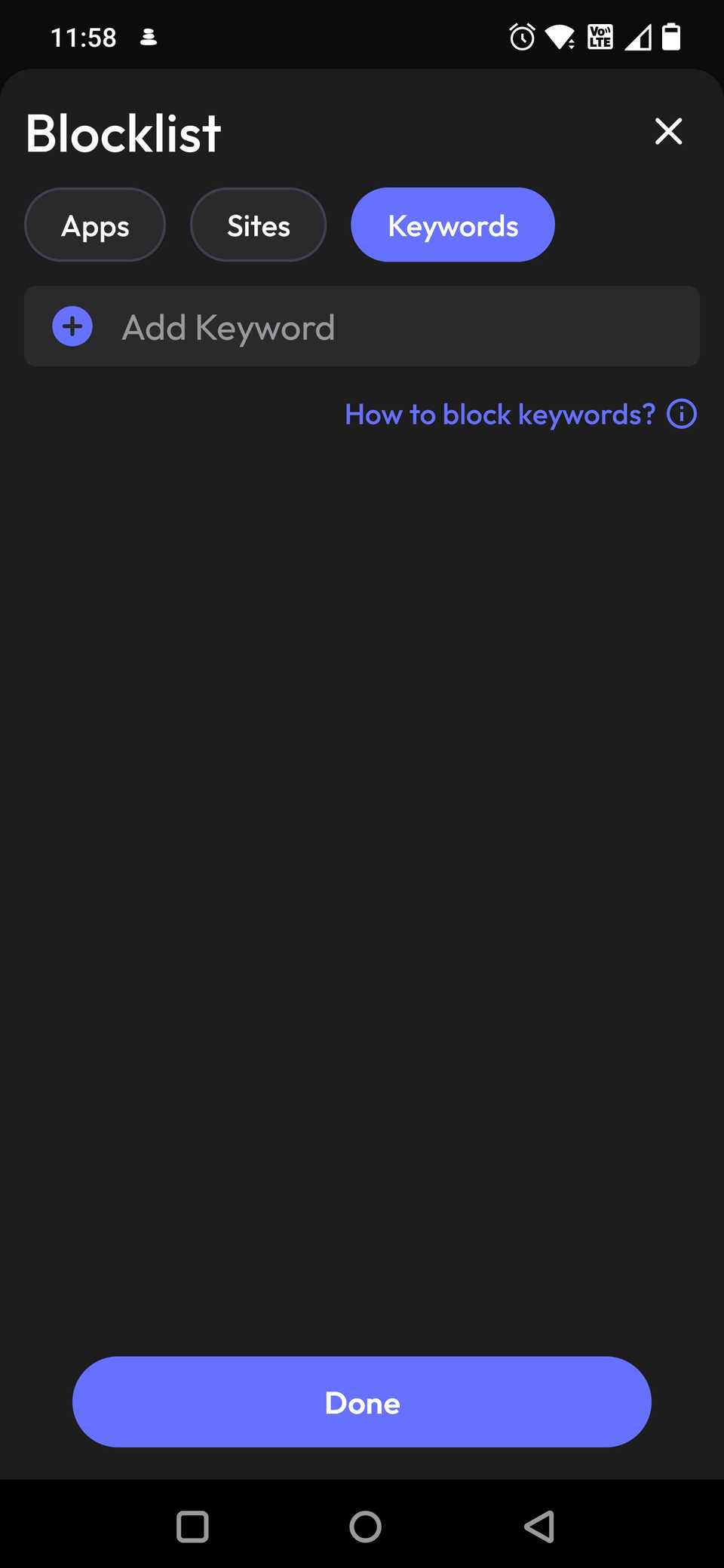 Screenshot showing the keyword Blocklist on ScreenZen