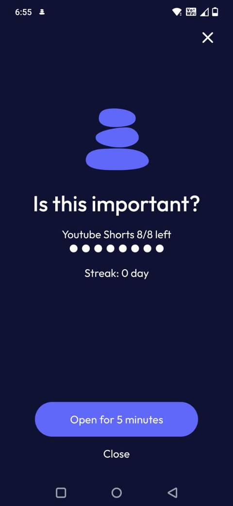 Screenshot showing the prompt on ScreenZen