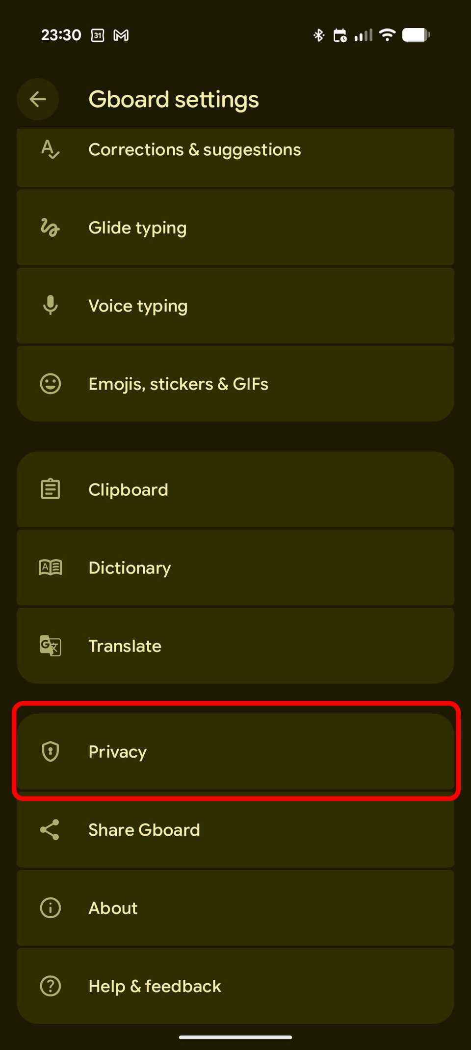 Google Gboard's main settings menu
