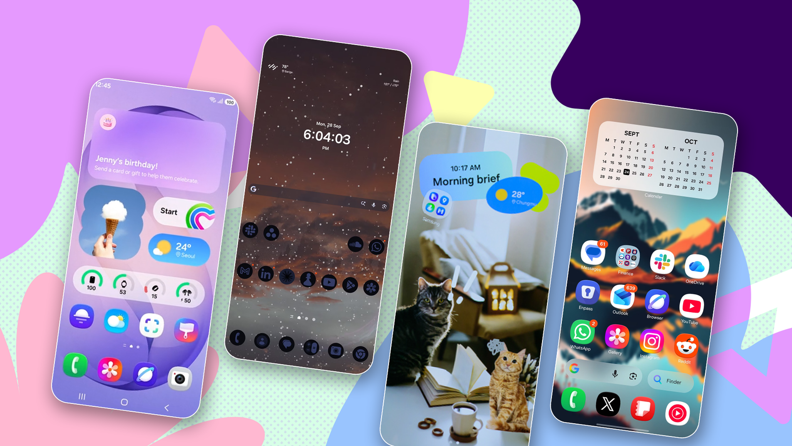 Several customized Samsung Galaxy home screens with different wallpapers, widgets, icons, and layouts.