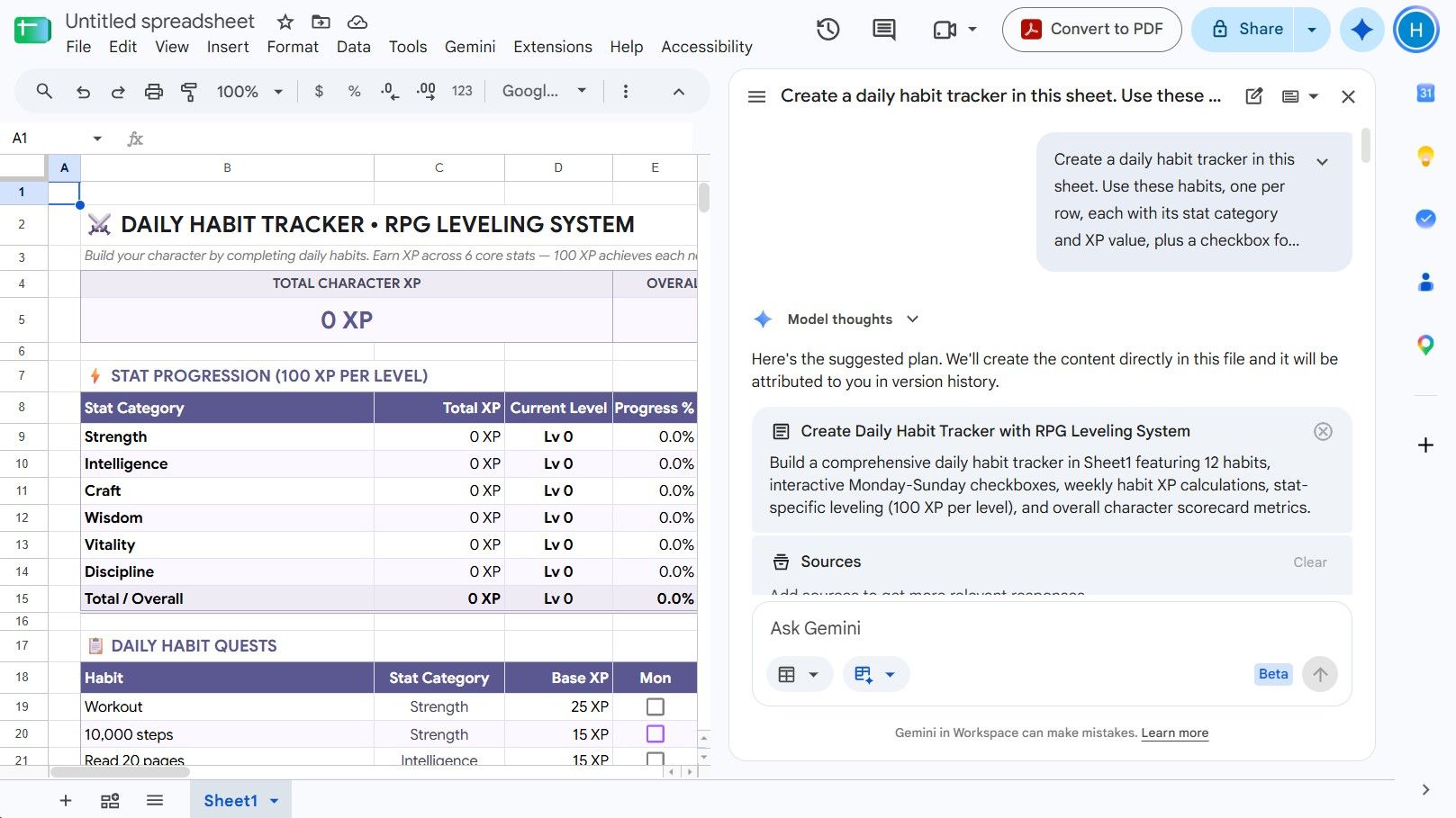 Google Sheets Gemini Build prompt with the created daily habit tracker in the background.