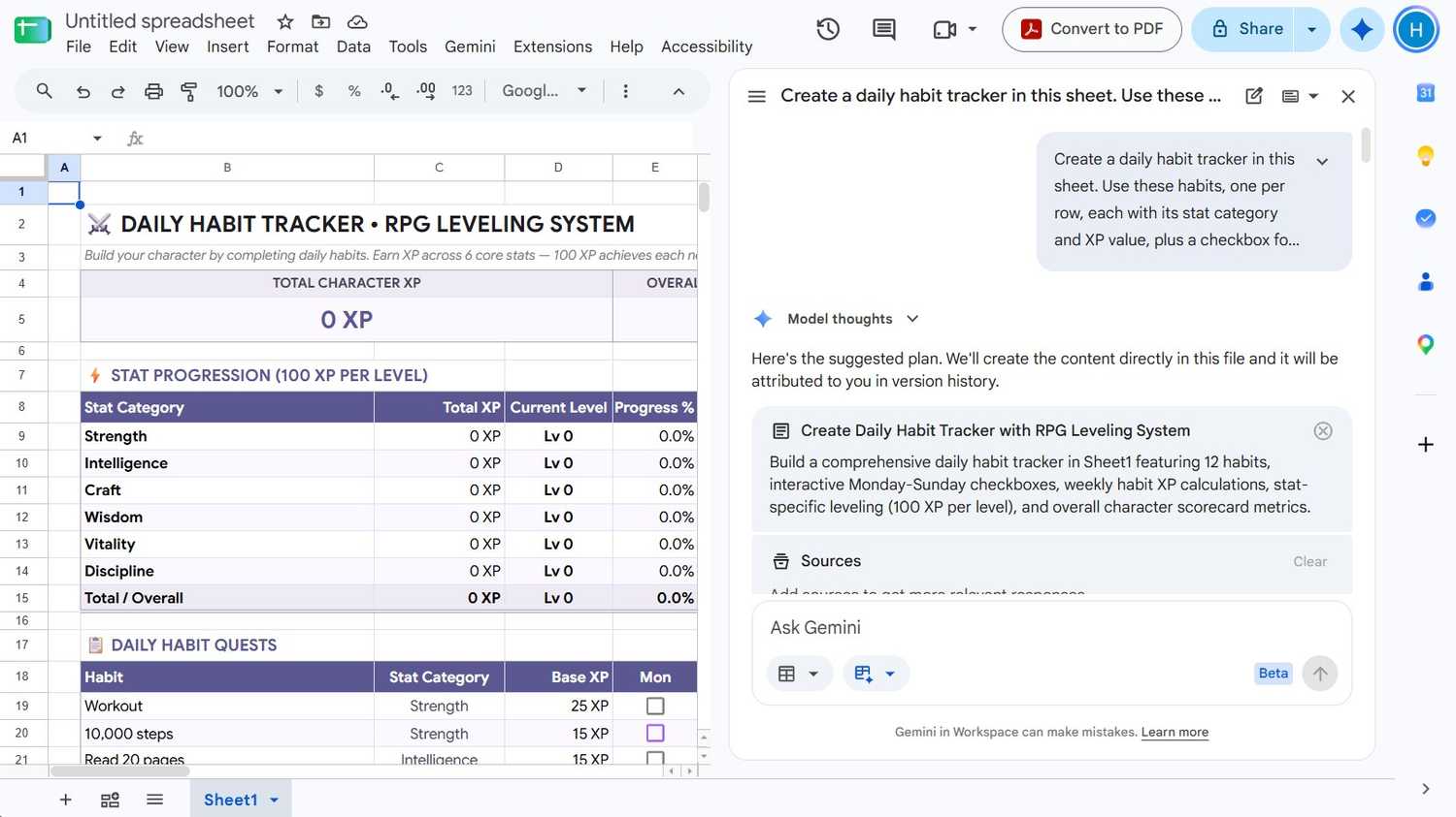 Google Sheets Gemini Build prompt with the created daily habit tracker in the background.