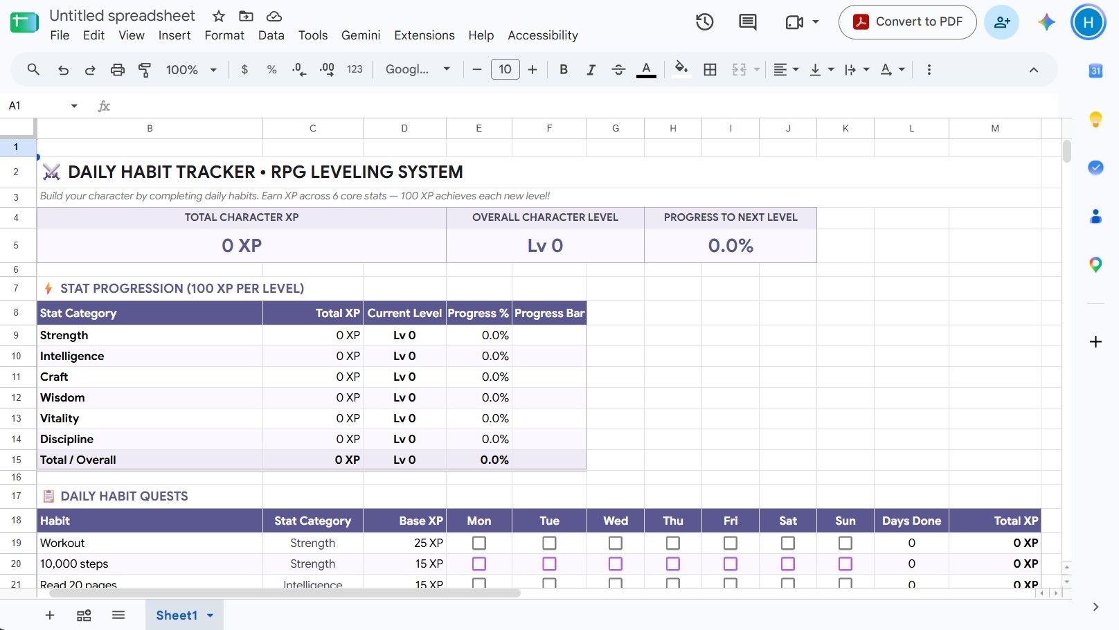 Daily habit tracker created with Google Sheets Gemini's Build tool.