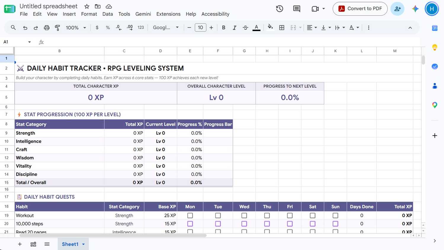 Daily habit tracker created with Google Sheets Gemini's Build tool.