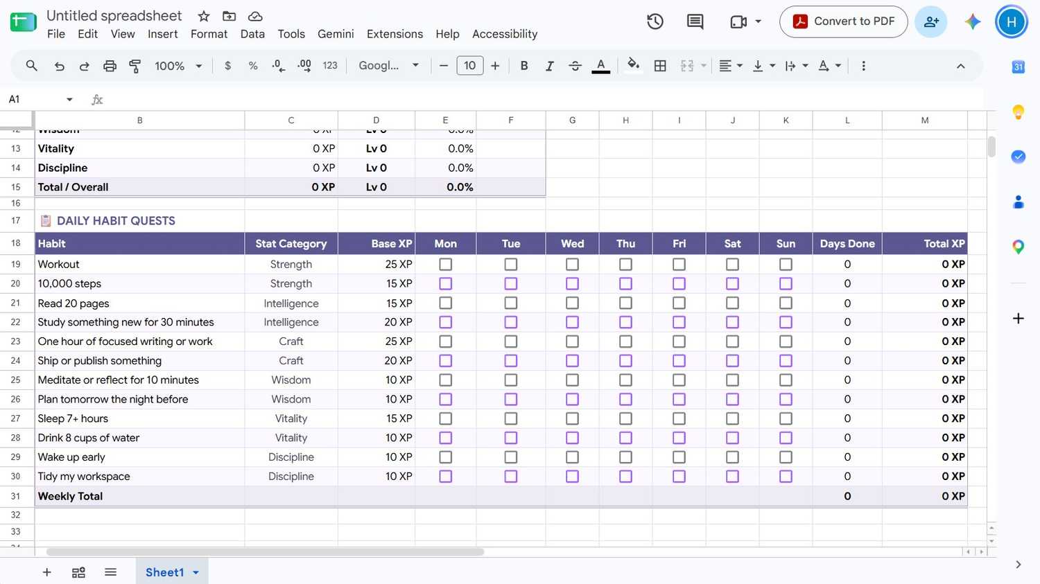 Daily habit tracker created with Google Sheets Gemini's Build tool.