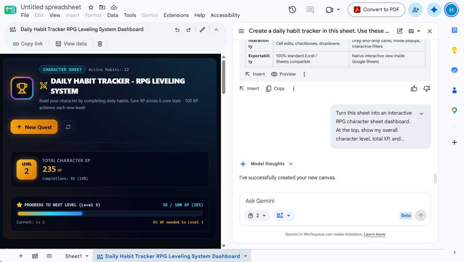 RPG-style daily habit-tracking interface created with Google Sheets Gemini's 'Canvas' tool on top of a tracking sheet created with the 'Build' tool.