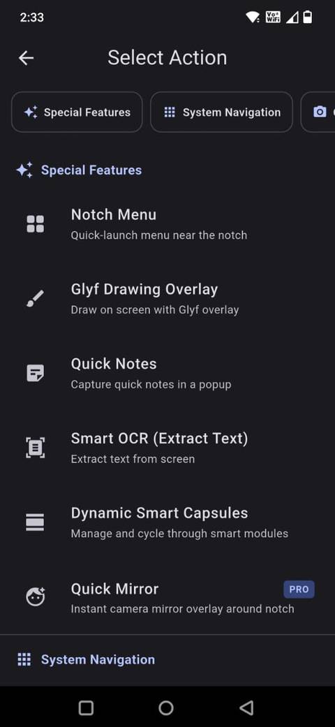 Знімок екрана, на якому показано параметри дій у програмі Smart Action Notch