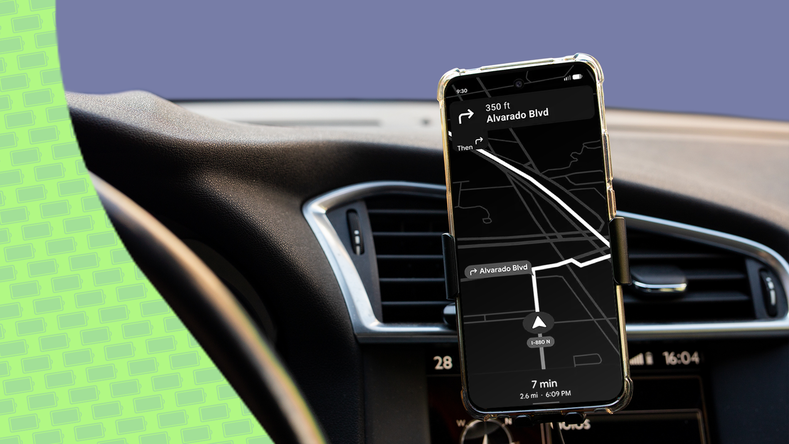 Smartphone mounted in a car showing Google Maps in power-saving navigation mode.