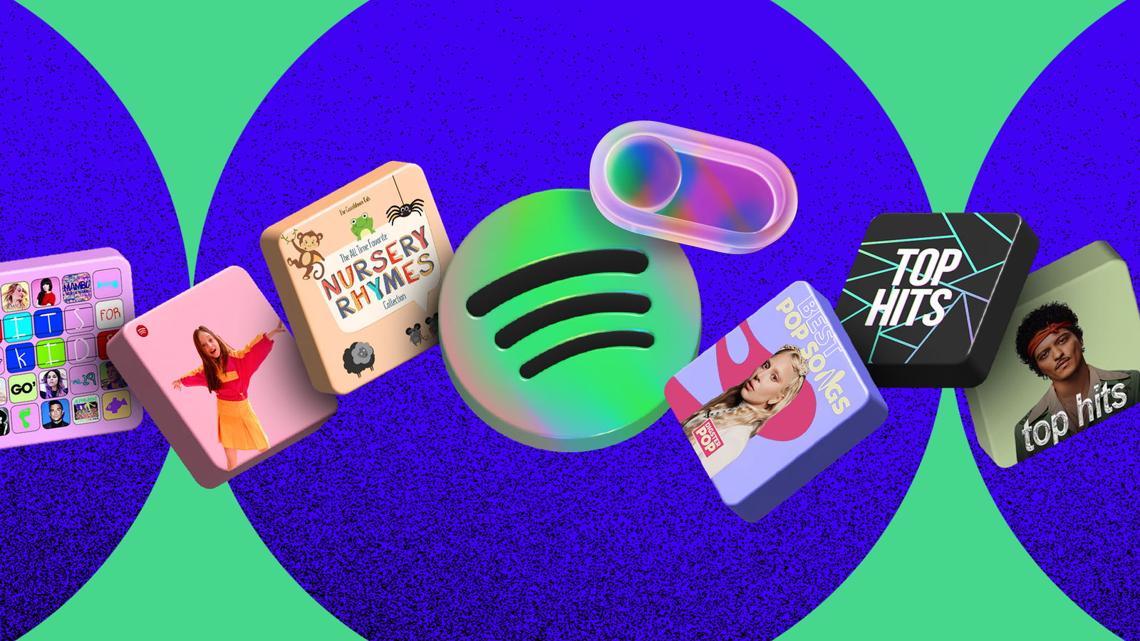 Spotify logo surrounded by kids' and mainstream music playlists.