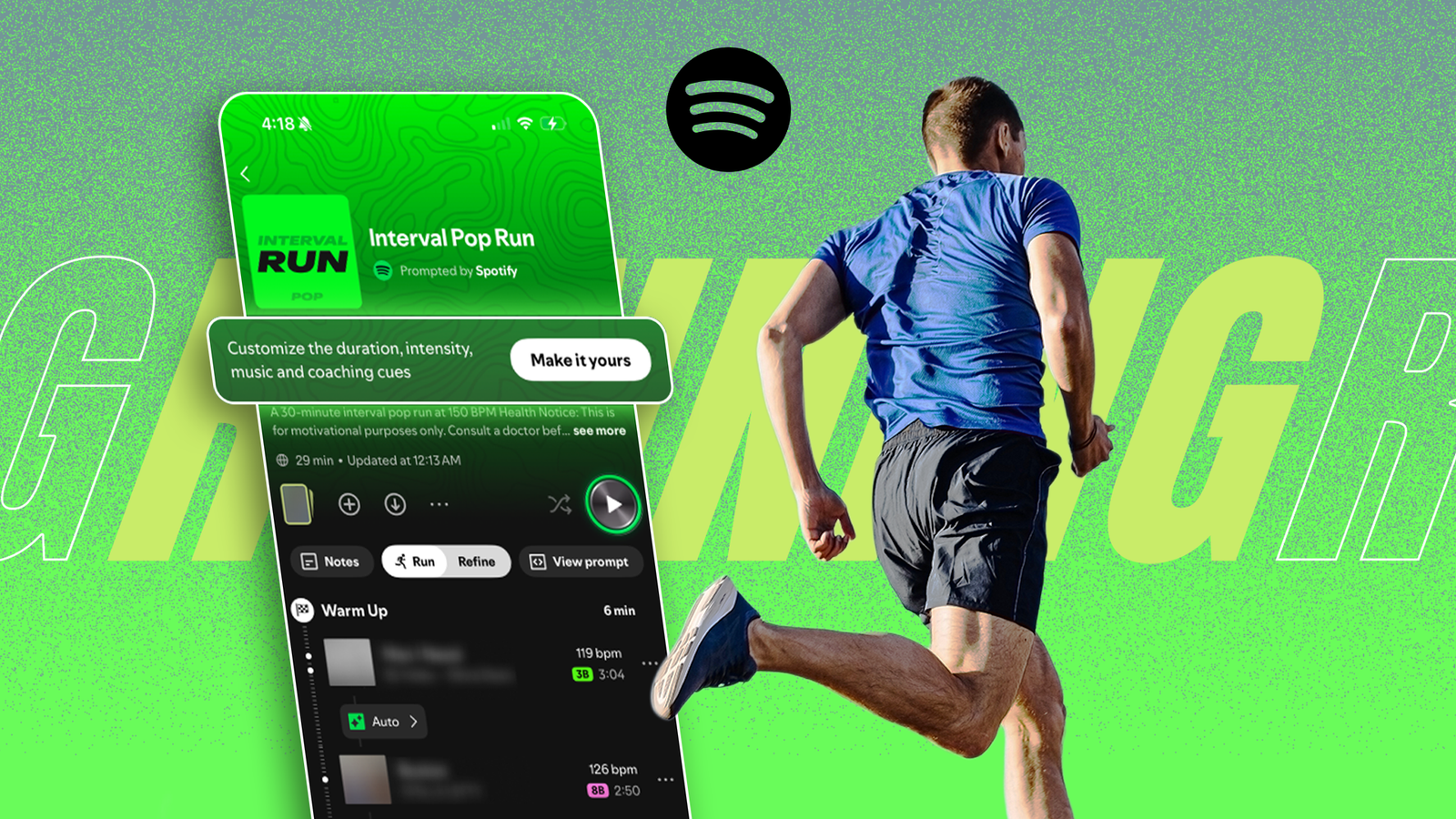 Spotify Running Mode displayed beside a runner, with the Spotify logo above.