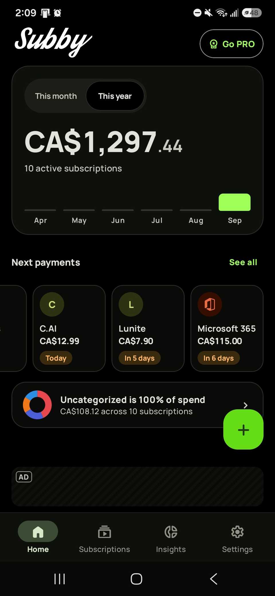 annual spending for subscriptions recorded in the Subby app