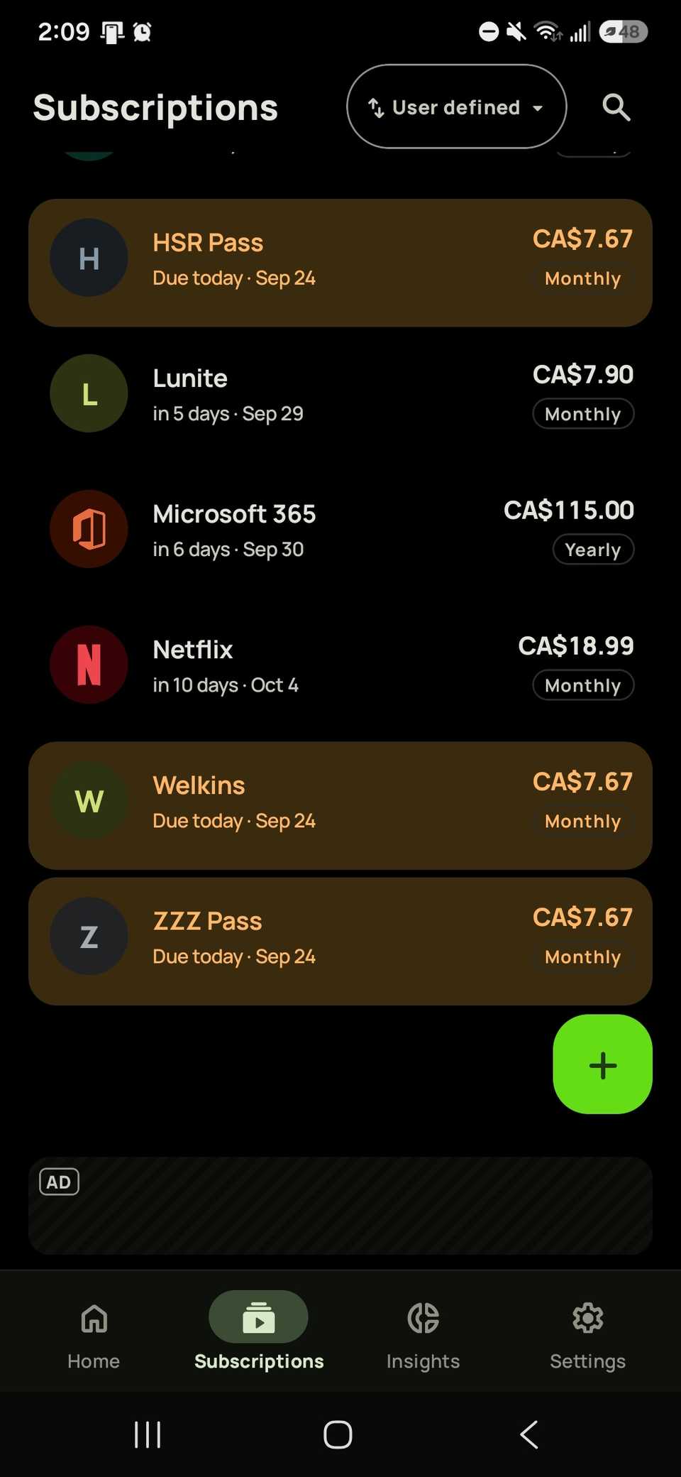 a list of subscriptions broken down when to pay and by value and service in the Subby app