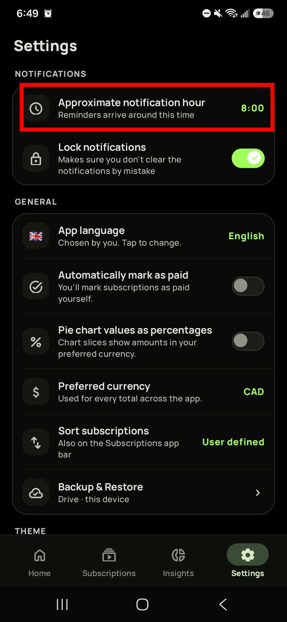 Red rectangle outline highlighting Approximate notification hour in Subby settings