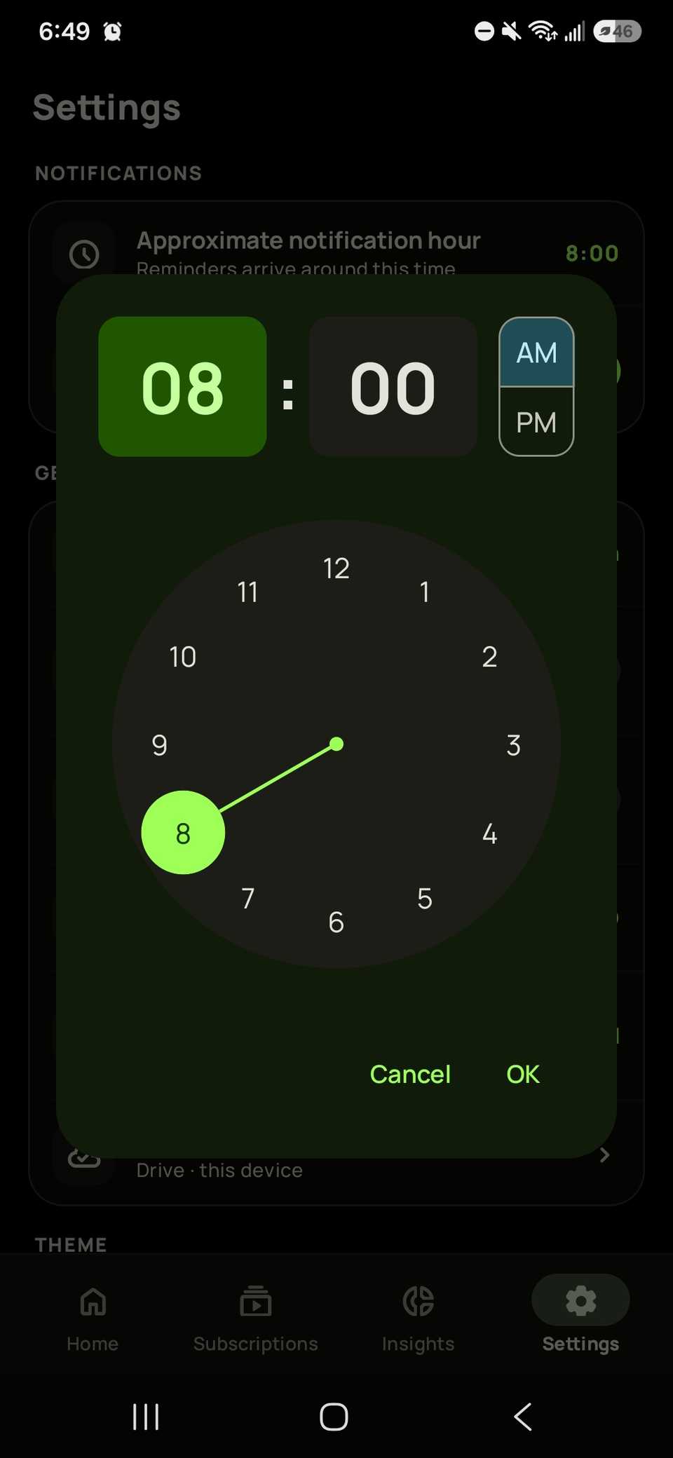 Choosing the time in the Subby app using a clock