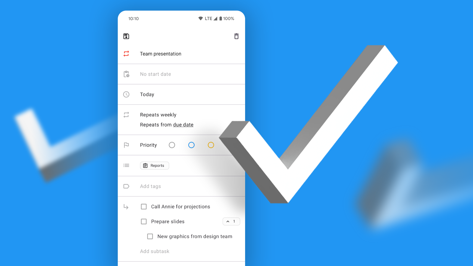 Tasks.org showing a task with priorities and nested subtasks.