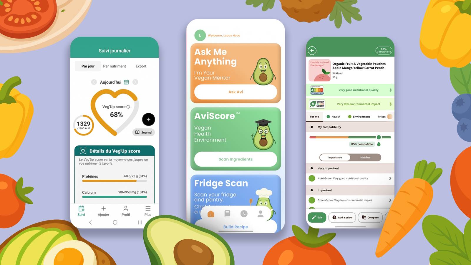 Тестирование приложений для вегетарианского питания на Android Три смартфона с открытыми приложениями VegUp, The Vegan App и Open Food Facts на фоне овощей