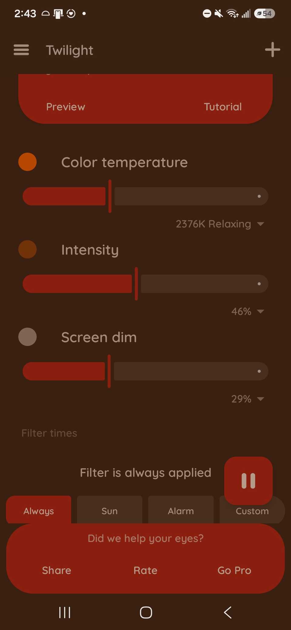 example of a very extreme profile for blue light filtering in the Twilight app