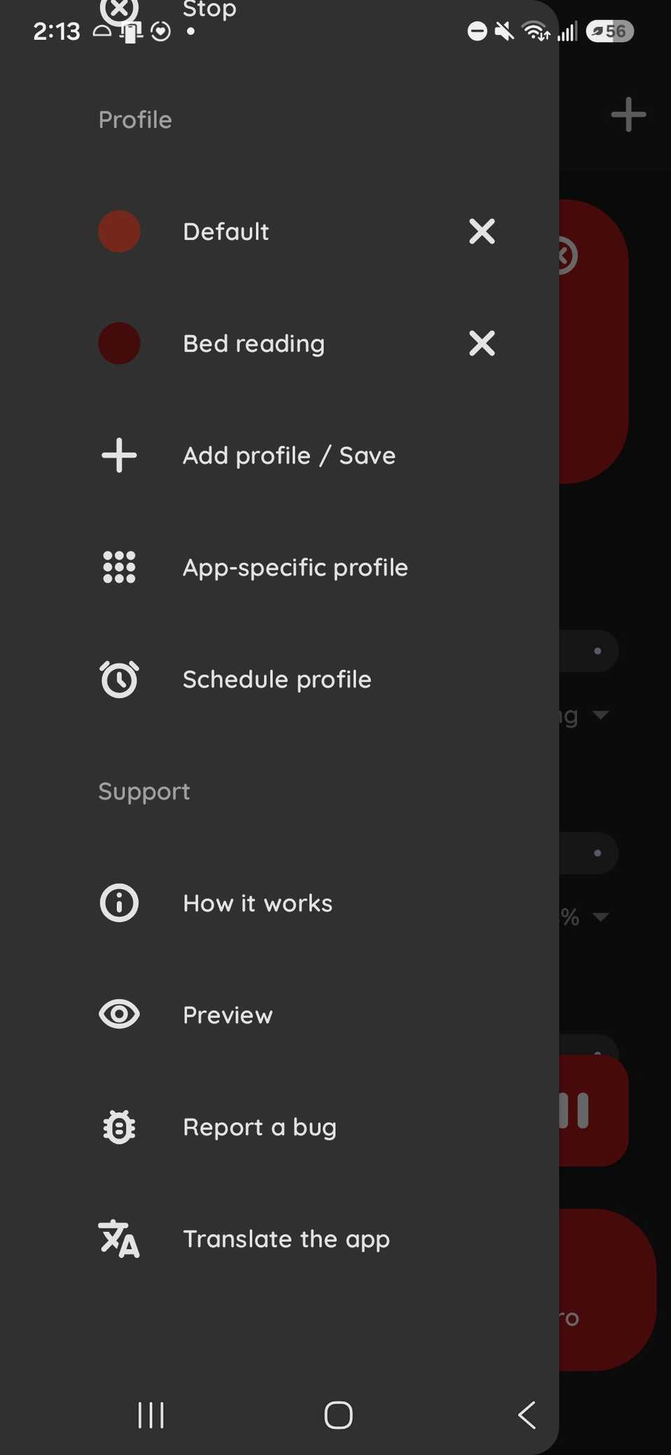 the main app menu for the free version of Twilight that shows a list of default profiling and the add button