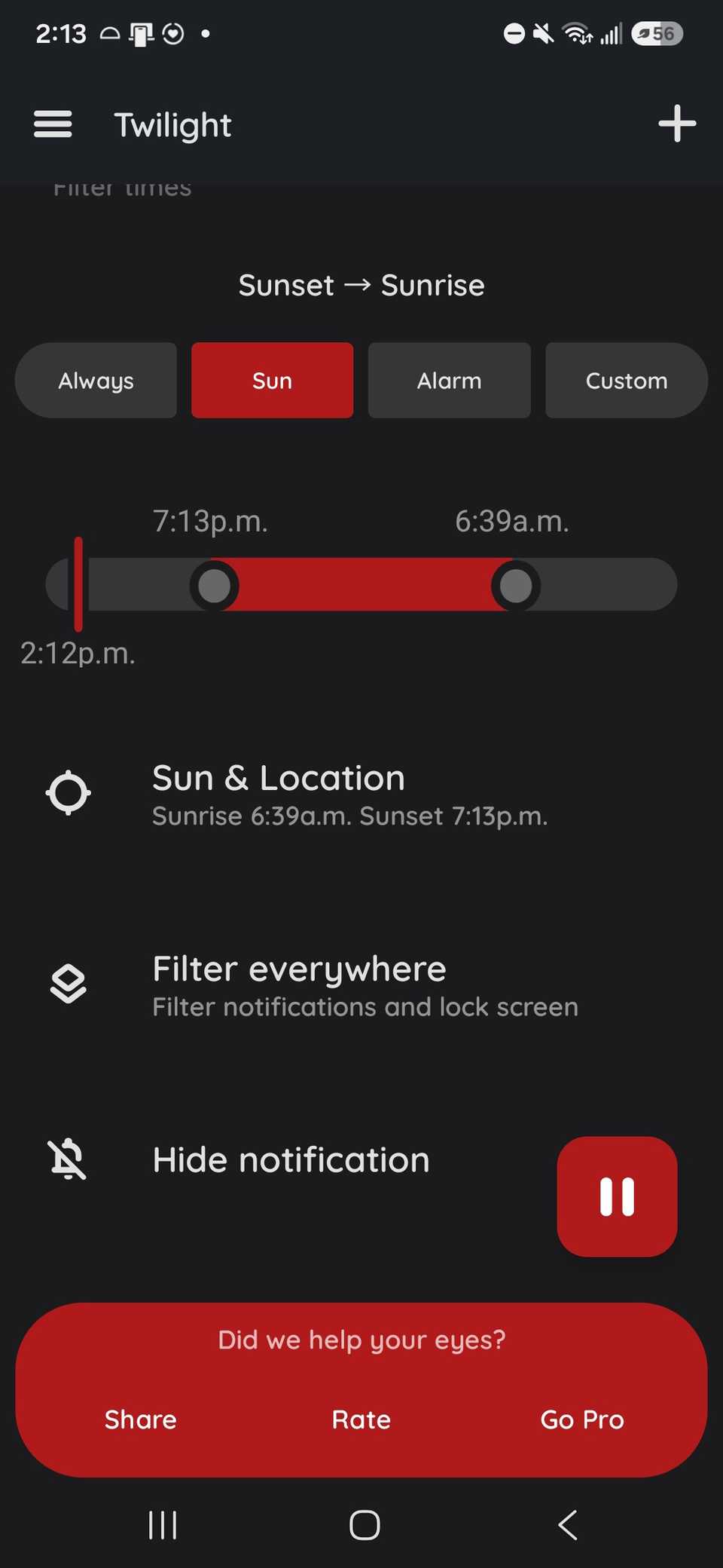 the sunset and sunrise transition and set time for the app to use the built-in blue light filter in the twilight app