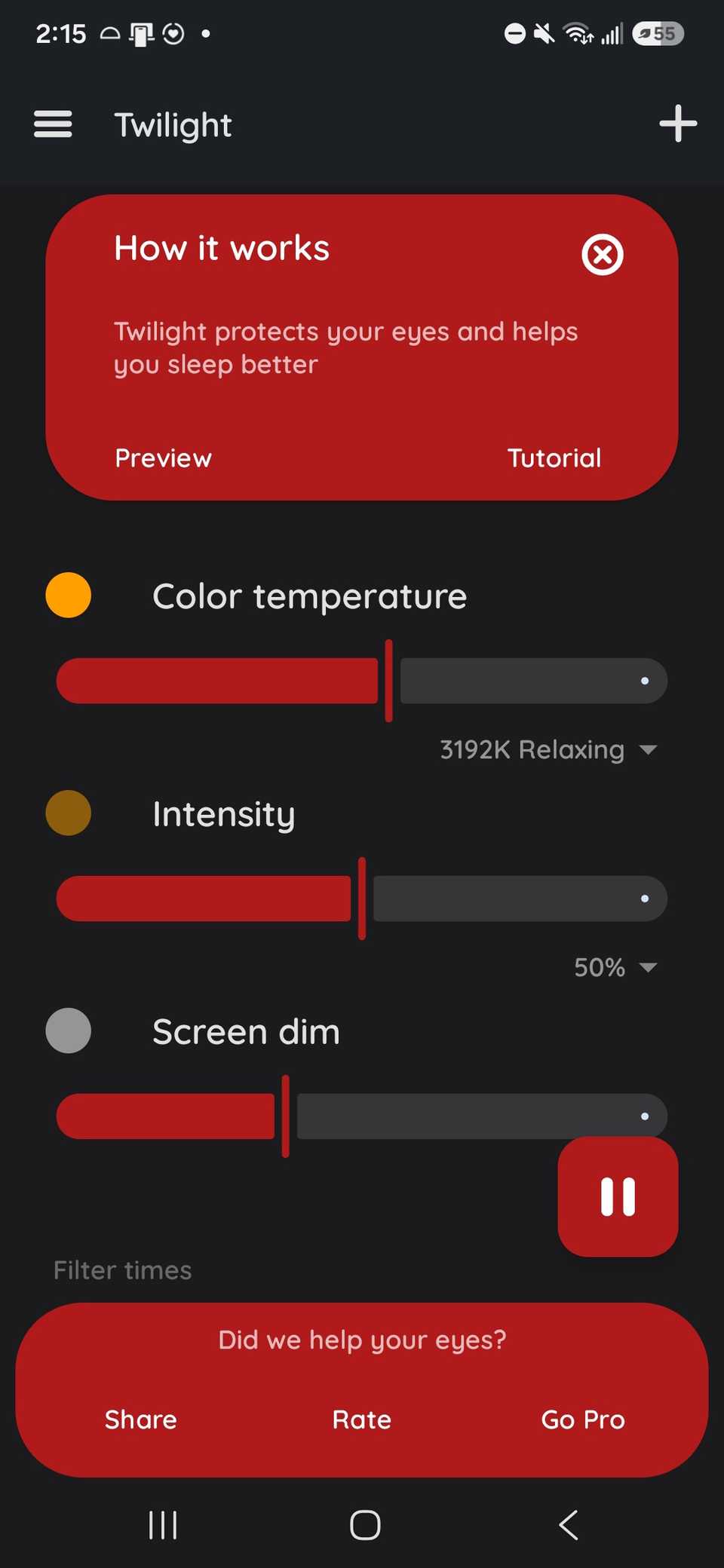 the three sliders for creating a blue light filter that shows color temperature, intensity, and screen dim