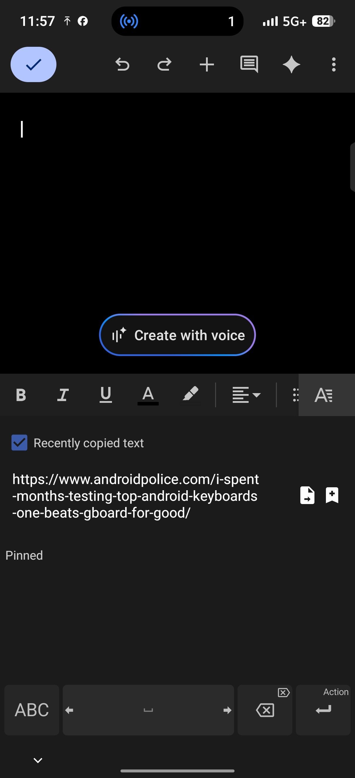 Google Docs note screen showing clipboard manager with a copied link