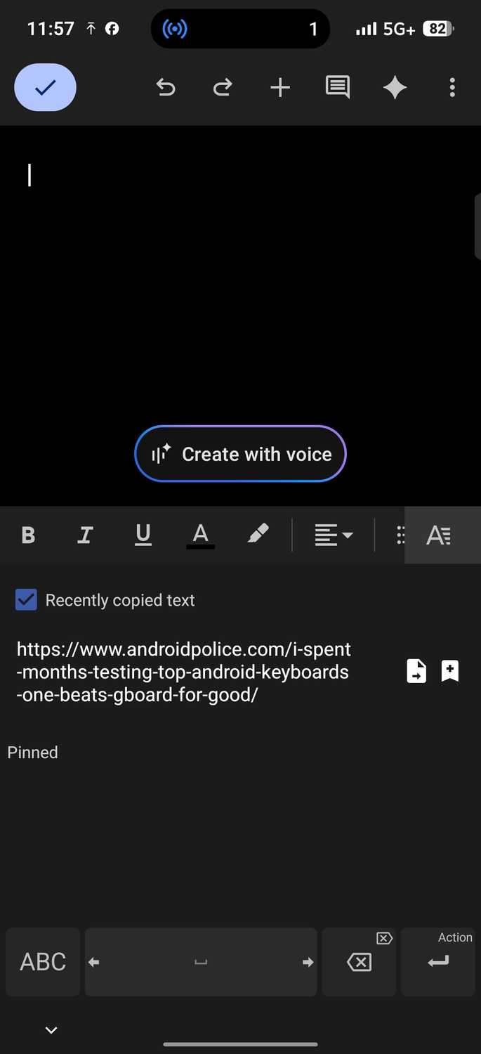 Google Docs note screen showing clipboard manager with a copied link