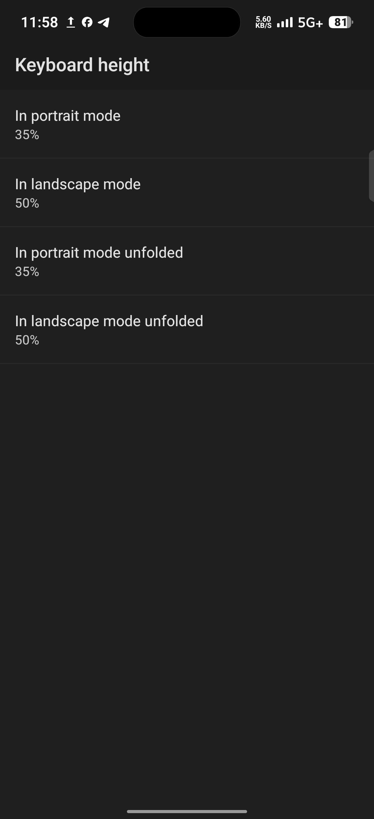 keyboard height settings screen showing portrait and landscape sizing options