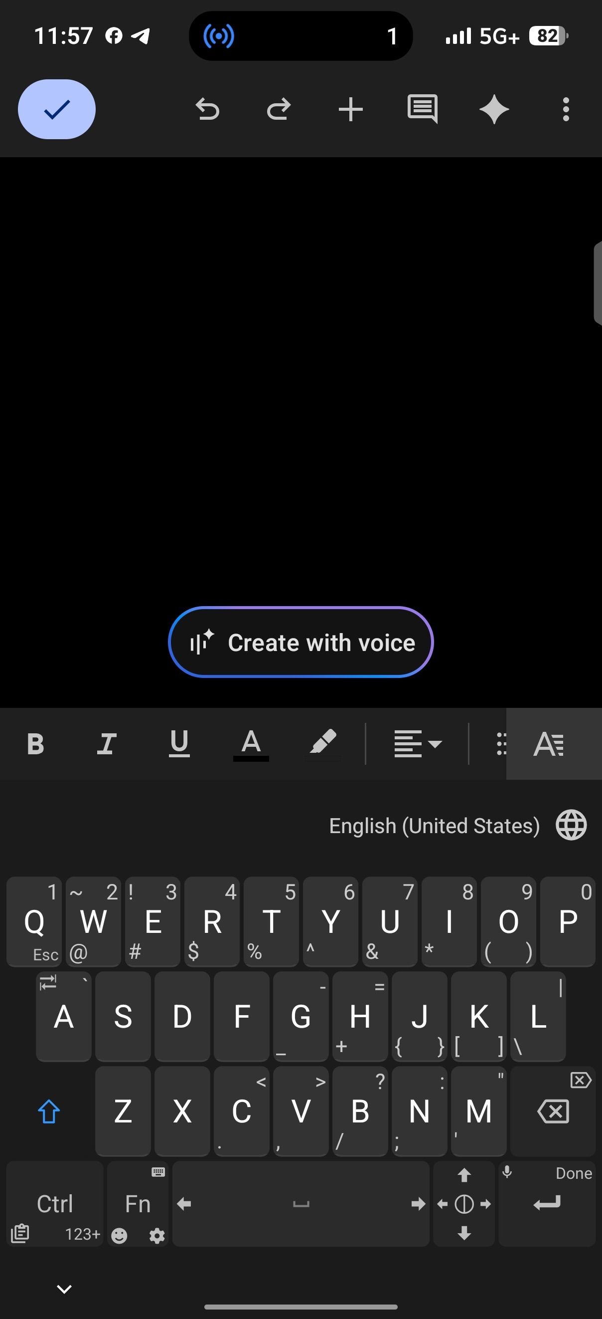 Google Docs note open with dark QWERTY keyboard active on screen