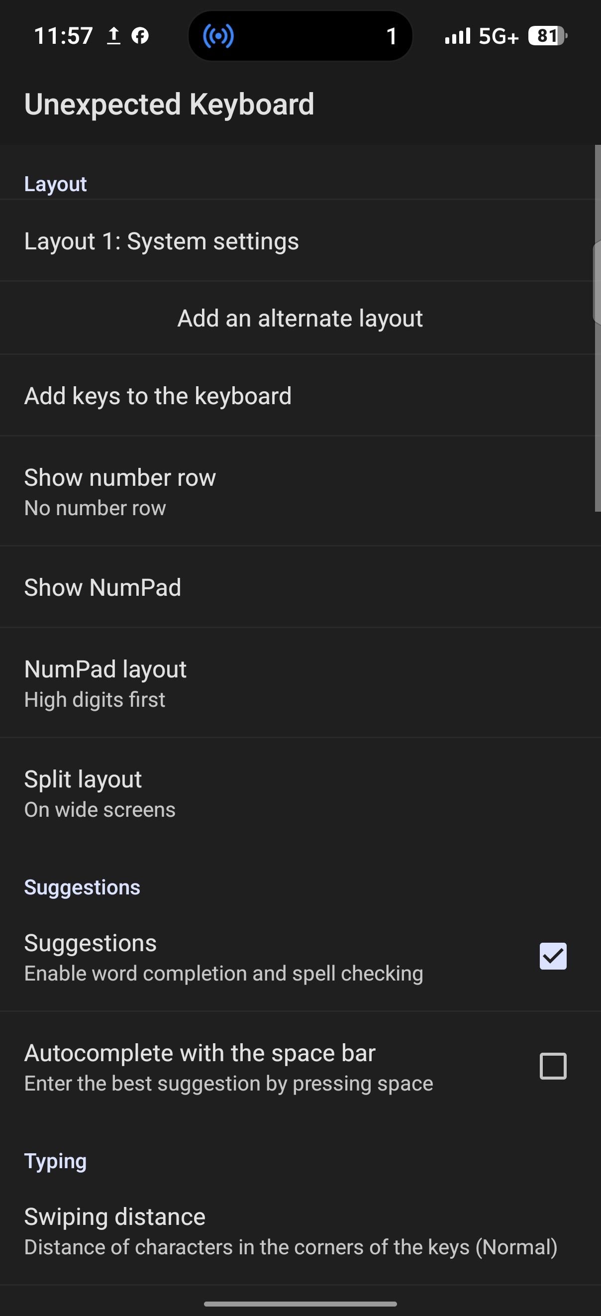 Unexpected Keyboard settings menu showing different customization options