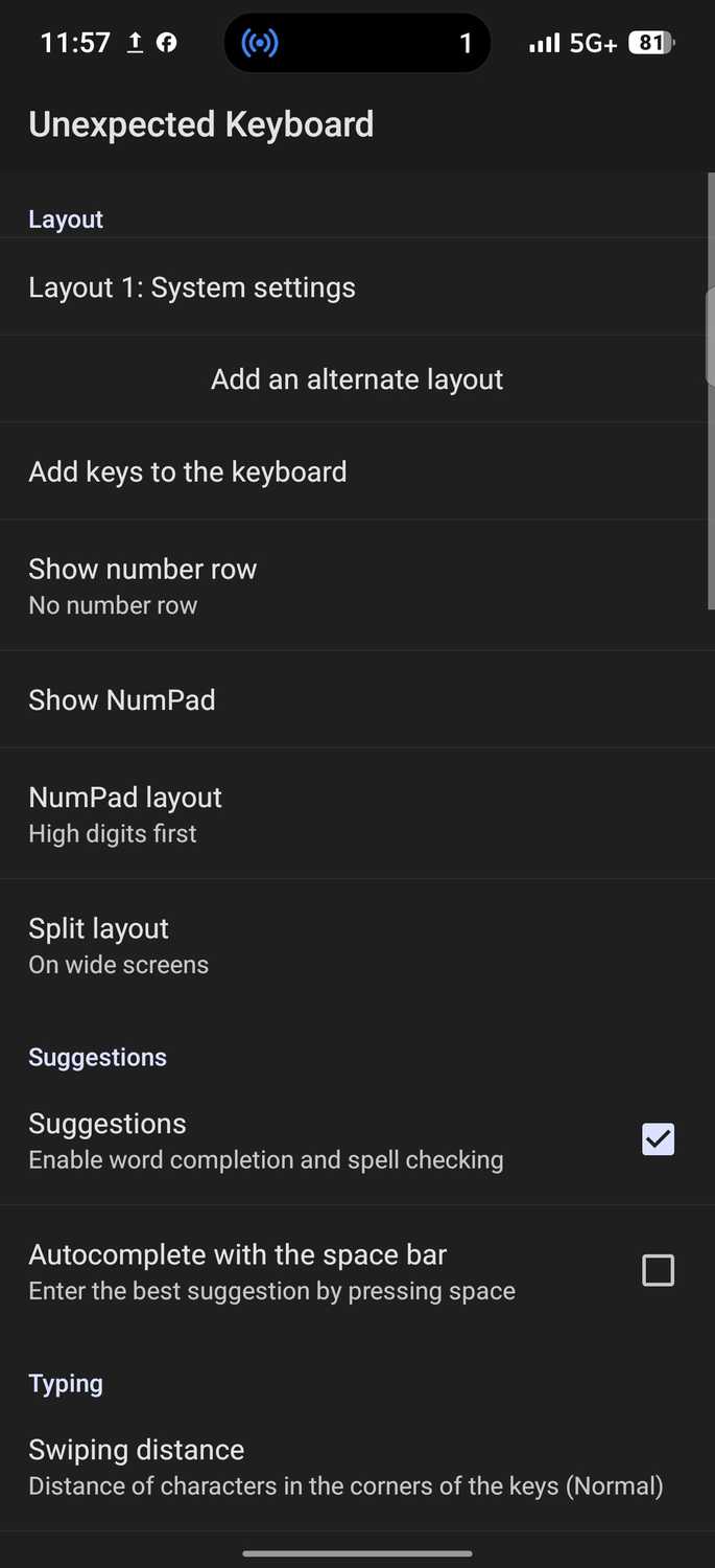 Unexpected Keyboard settings menu showing different customization options