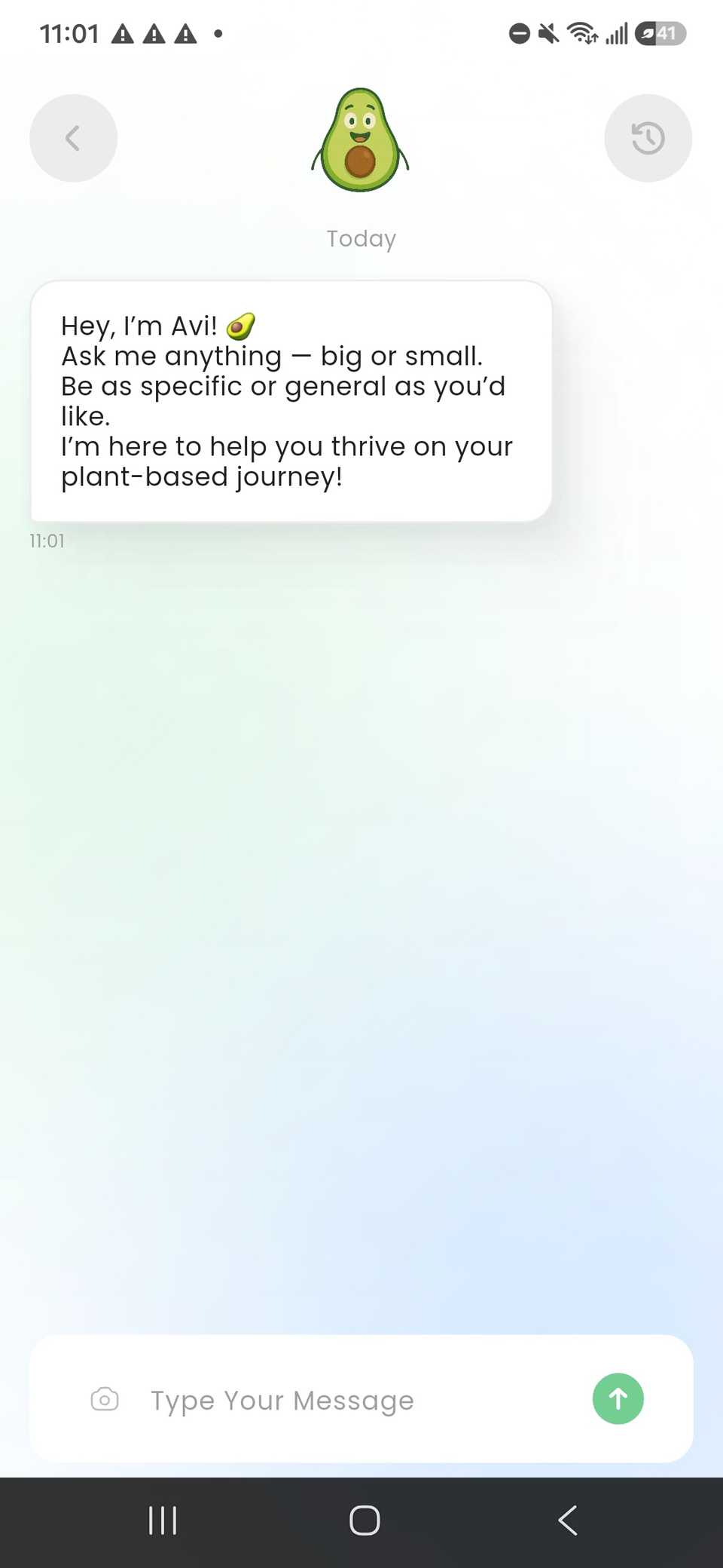 the AI chat Avi with opening messaging in the Vegan app