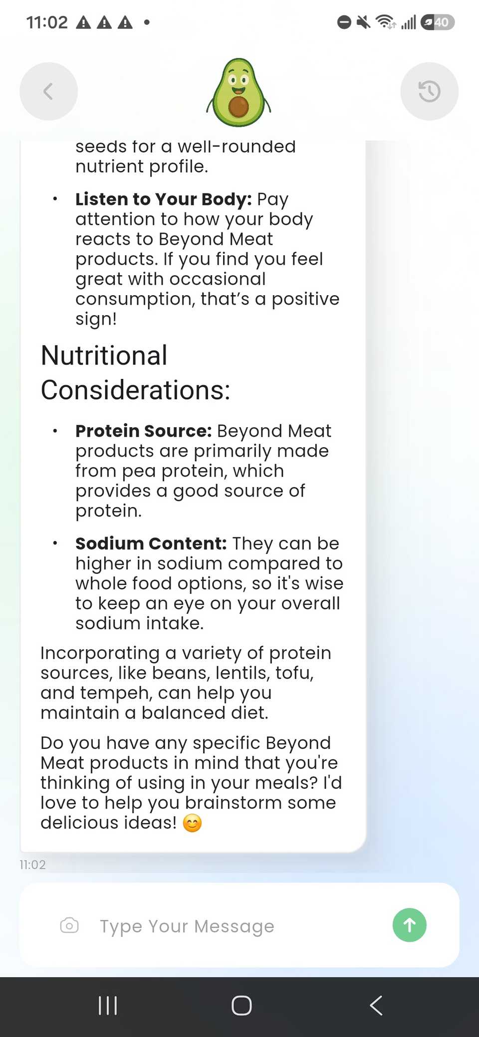 Asking Avi questions about Beyond meat products with nutritional considerations