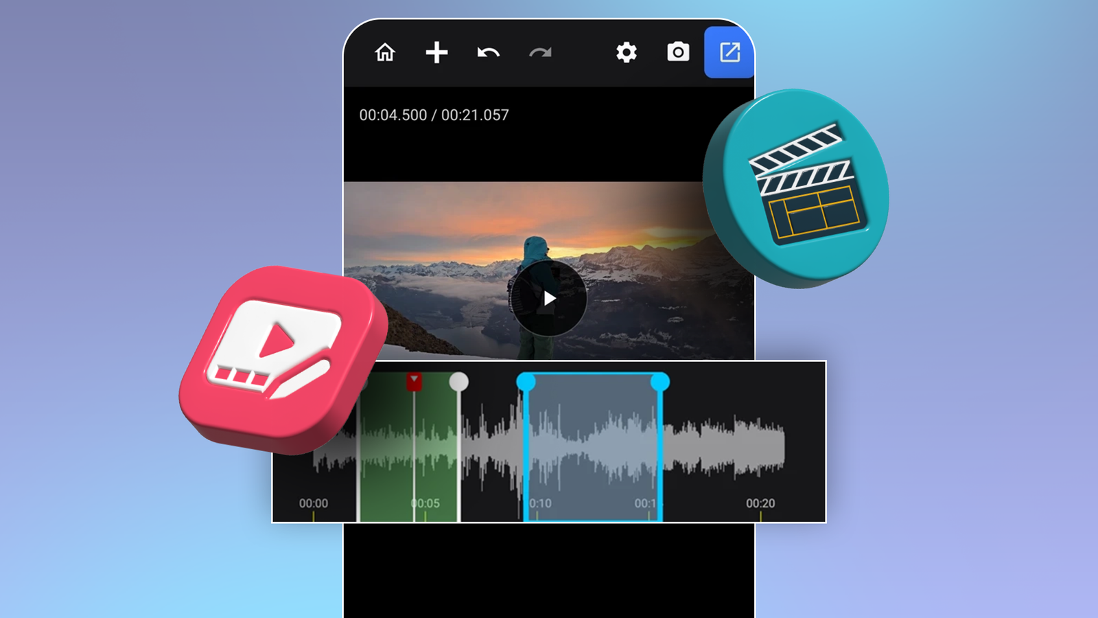 Video editing interface with a timeline and waveform, surrounded by Samsung Studio and LosslessCut icons.