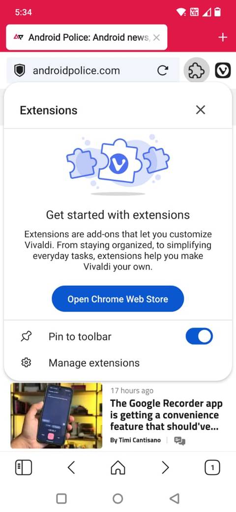 Screenshot showing how to add an extension in the Vivaldi app