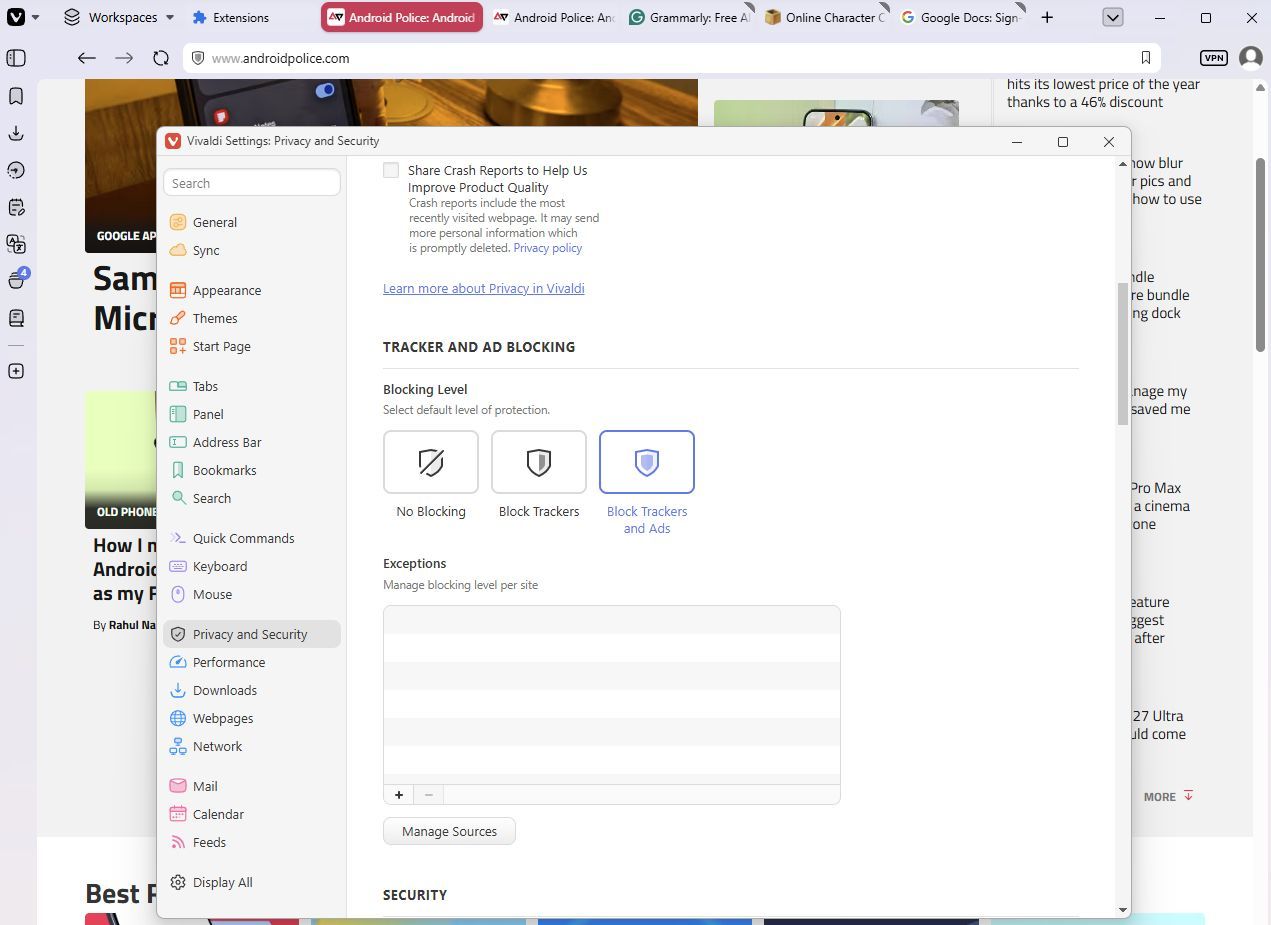 Screenshot showing the Tracked and Ad Blocking option in Vivaldi