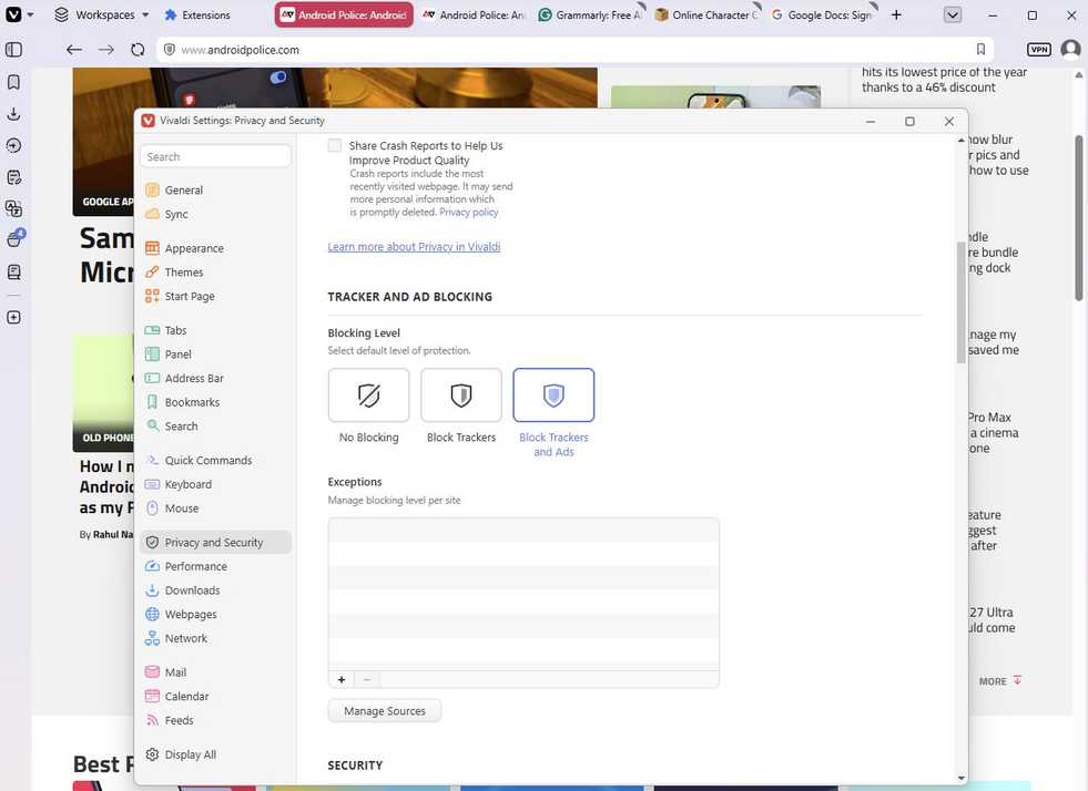 Screenshot showing the Tracked and Ad Blocking option in Vivaldi
