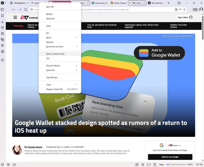 Screenshot showing how to stack tabs in Vivaldi