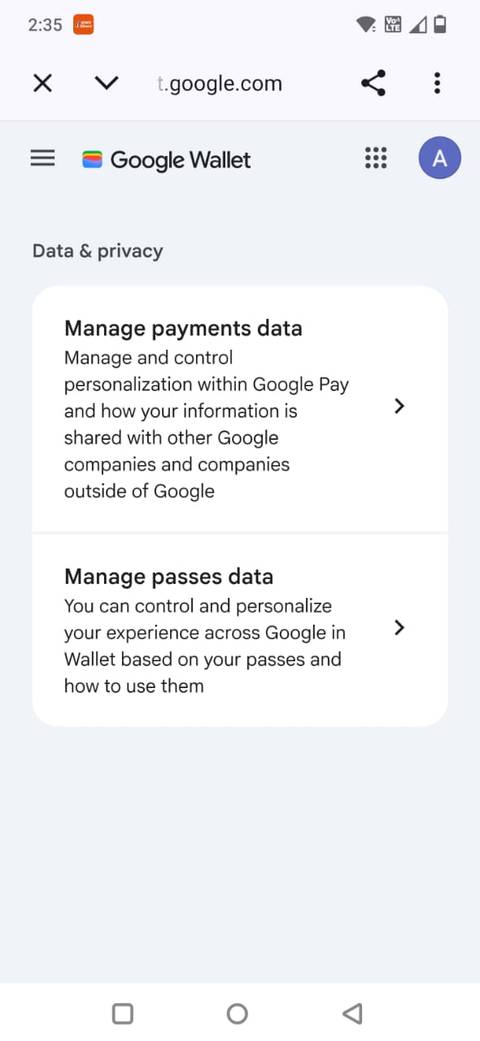 Screenshot showing the data and privacy page in Google Wallet