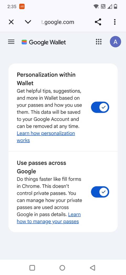 Screenshot showing the Use passes across Google option in Google Wallet