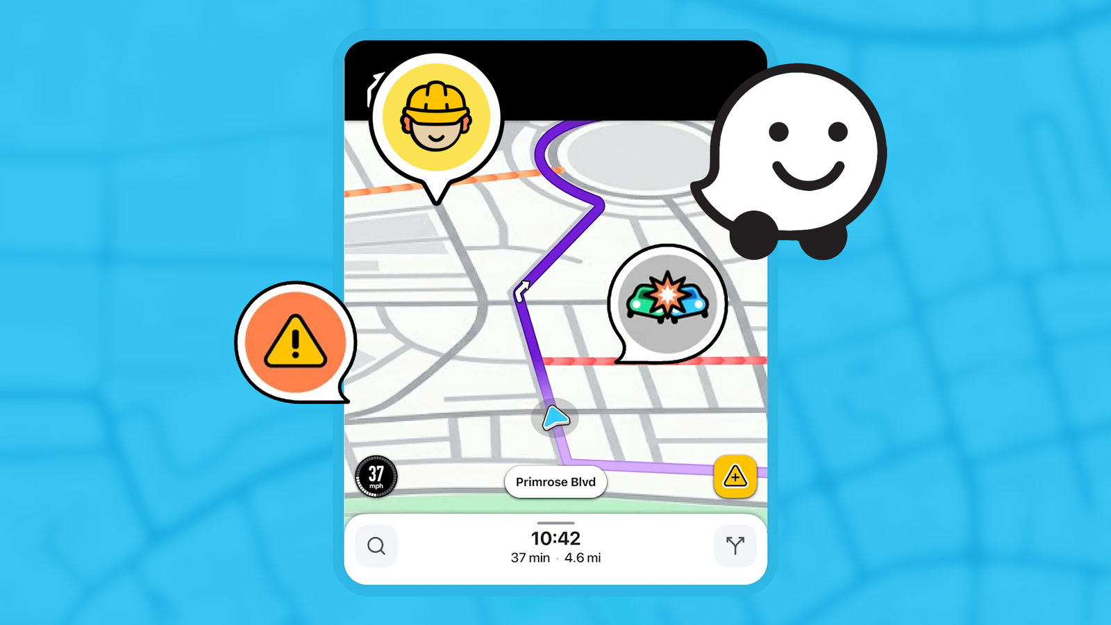 Waze navigation showing a route with traffic alerts and road incident reports.