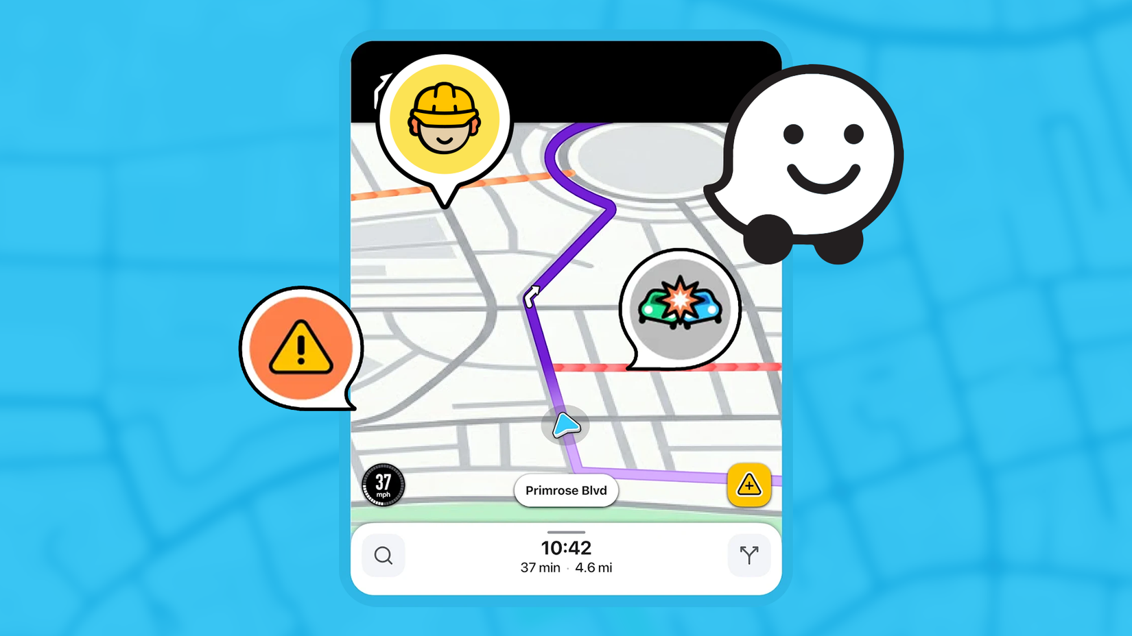 Navigazione Waze che mostra un percorso con avvisi sul traffico e rapporti sugli incidenti stradali.