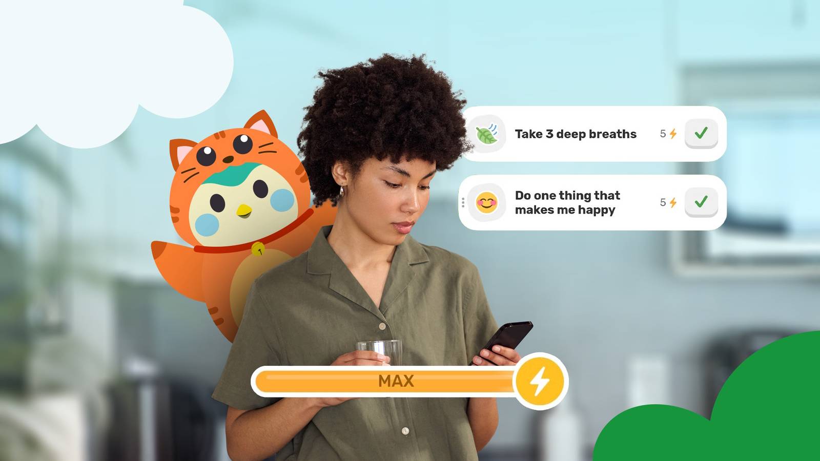 Woman using the Finch self-care app with wellness goals and her virtual pet.
