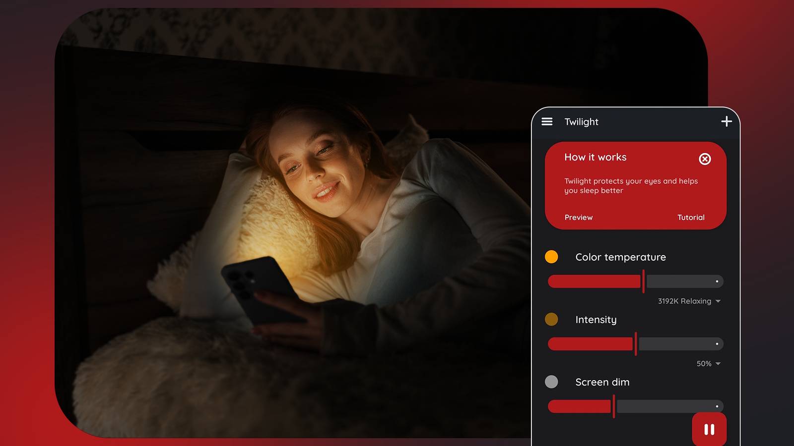 Woman using the Twilight blue light filter app while reading on her phone in bed.