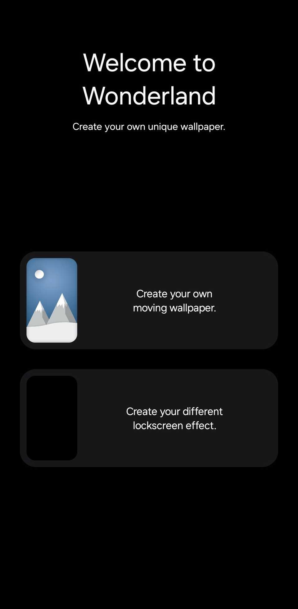 Wonderland start screen showing options to create a wallpaper or lock screen effect.