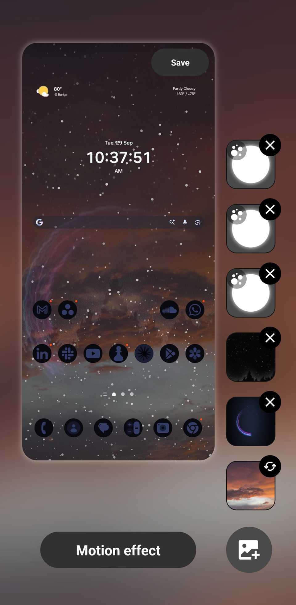 Wonderland wallpaper creation screen showing several layers of images, a video, and a preset particle effect.