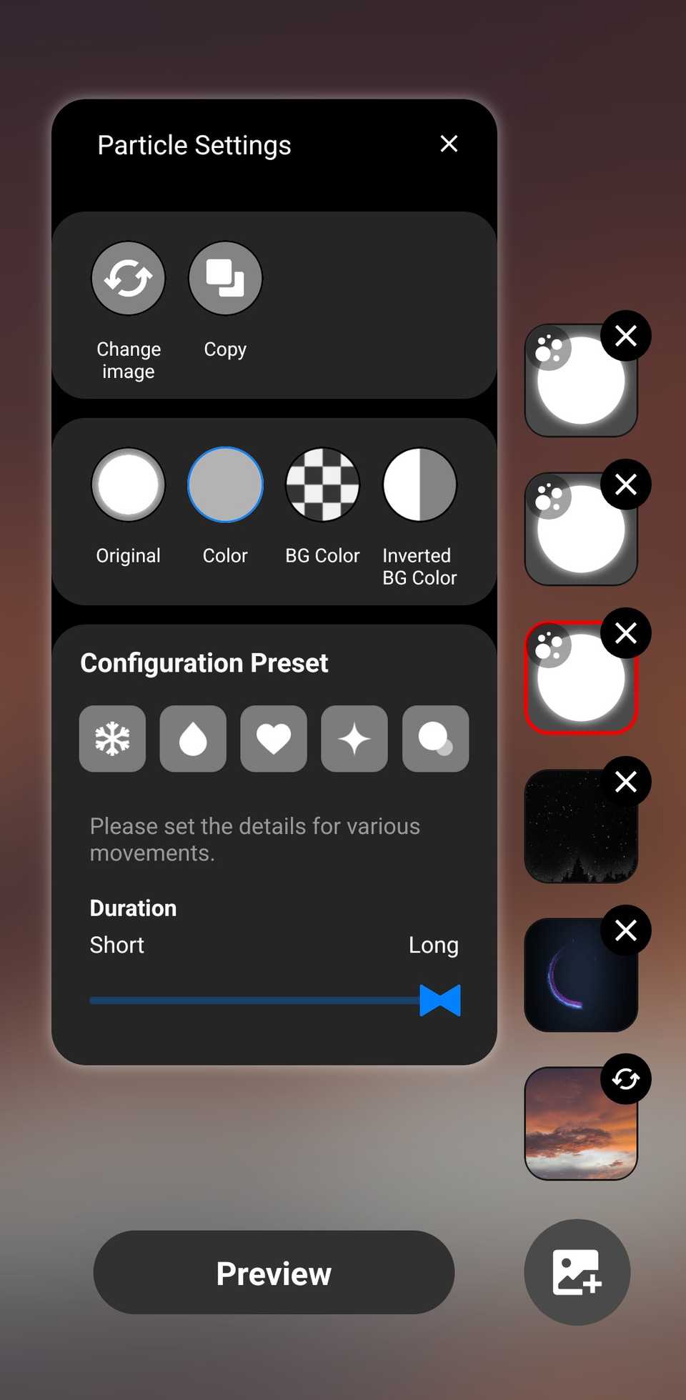 Wonderland wallpaper creation screen showing settings for the particle layer.