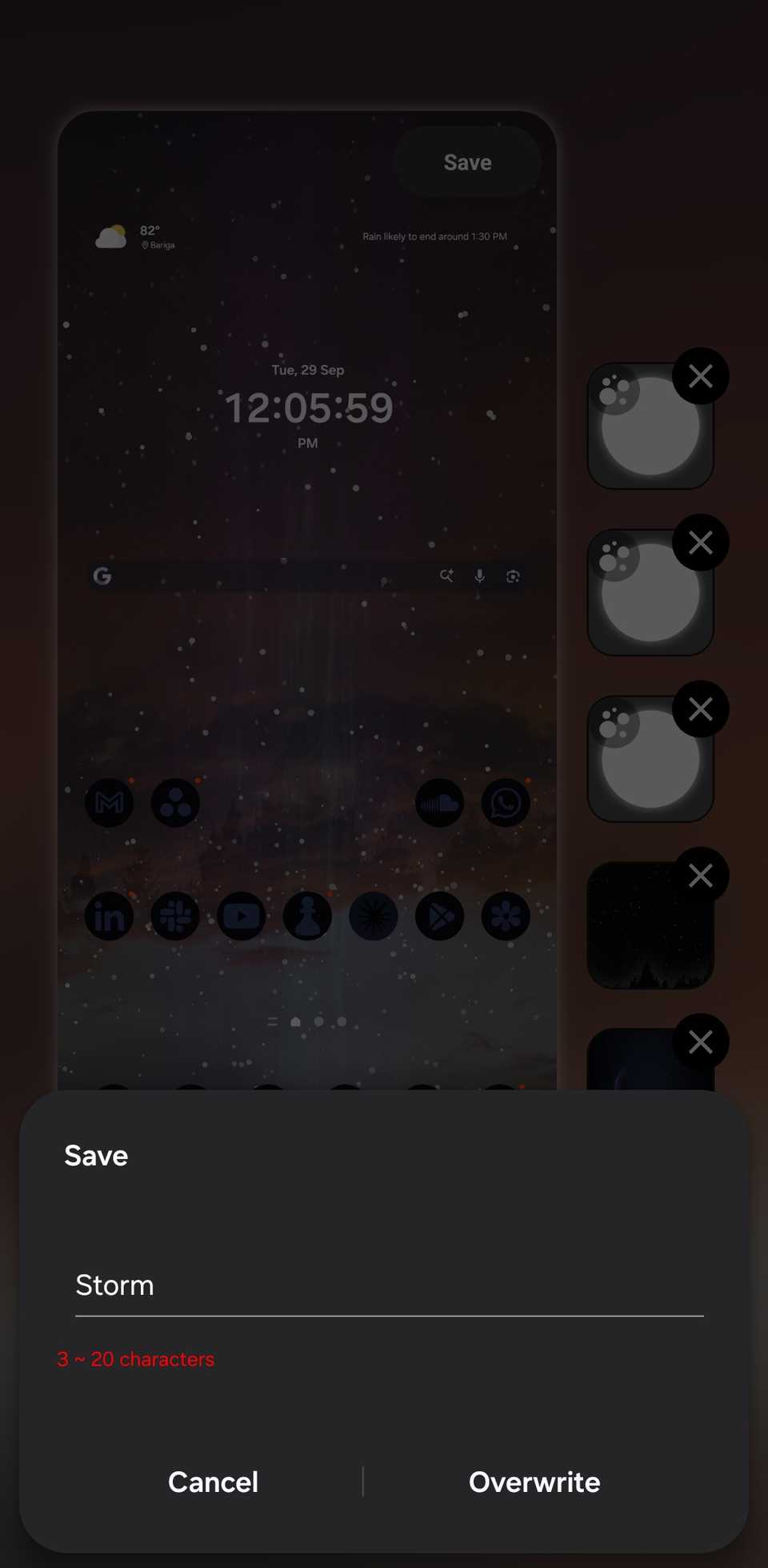 Wonderland wallpaper creation screen showing the 'Save' pop up box.