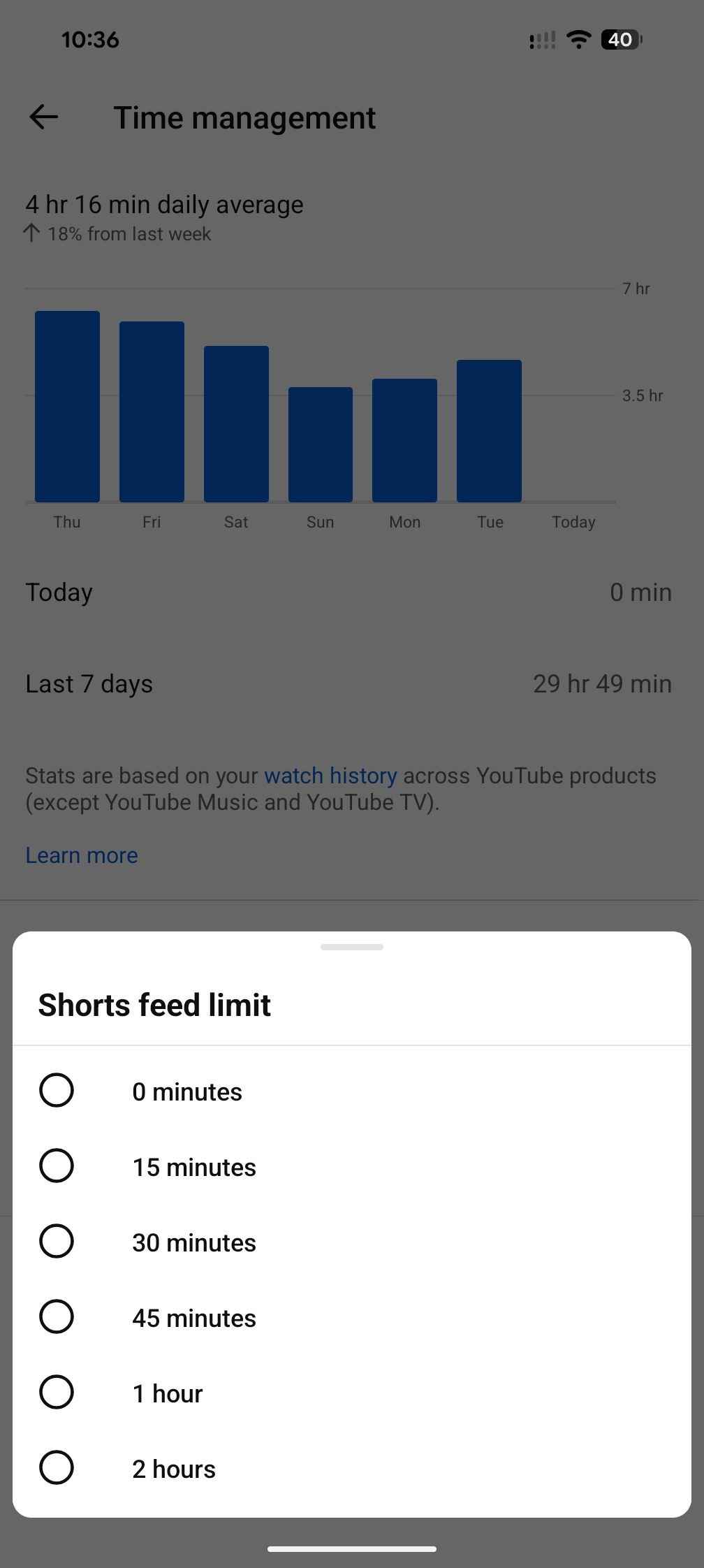 Screenshot of YouTube Shorts daily limit settings